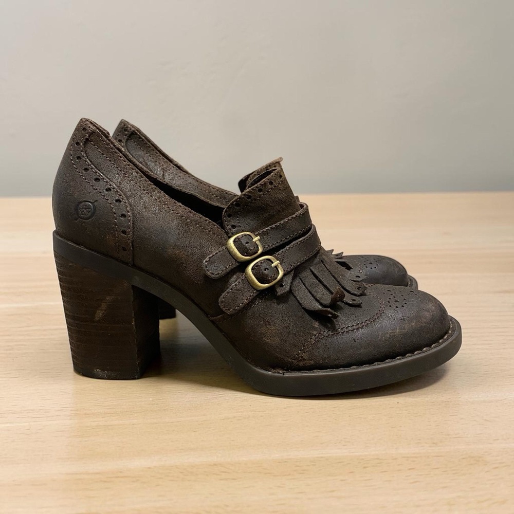 Born Heeled Booties Shoes 9M Brown Leather Kiltie Double Strap Preppy Academia